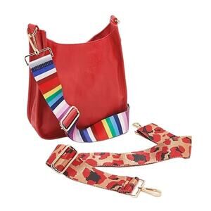 Ahdorned Red Faux Leather Crossbody Hand Bag 2 Adjustable Fashion Straps Purse